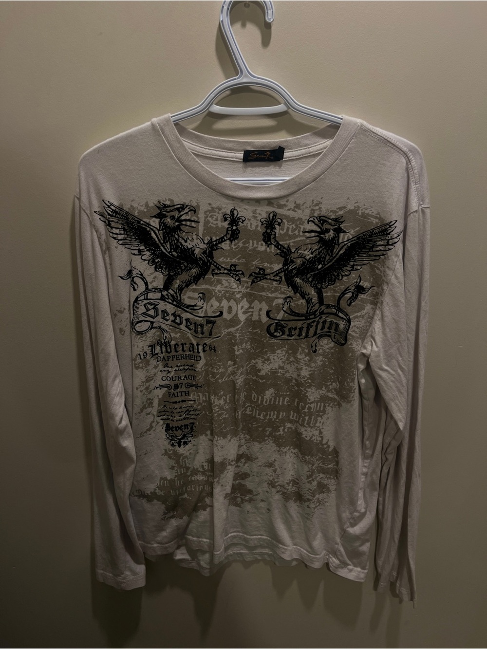 Seven7 Men's Long Sleeve Graphic Tee in Cream with Black Print